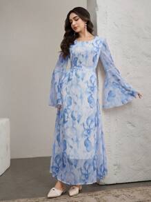 Graceveil Đầm dài tay loe cổ tròn in họa tiết thanh lịch cho nữ dự tiệc cưới - Màu xanh lam - Xem 4