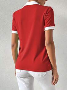 Chiquease Women's Summer Fashion Patchwork Contrast Trim T-Shirt - Red - View 2