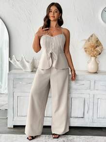 Flirla Plus Size Women 2pcs Set Woven Solid Color Camisole V-Neck Tie Up Crop Top With Elastic Waist Wide Leg Pants, High-End Elegant Romantic