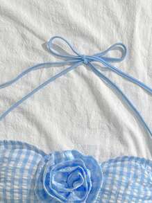 Swim Mod Women's Plaid Print Bandeau Bikini Top With 3D Floral Decor For Summer Beach Vacation - Blue - View 4