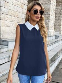 SHEIN LUNE Casual Colorblock Collar Sleeveless Shirt, Summer - Navy Blue - View 3