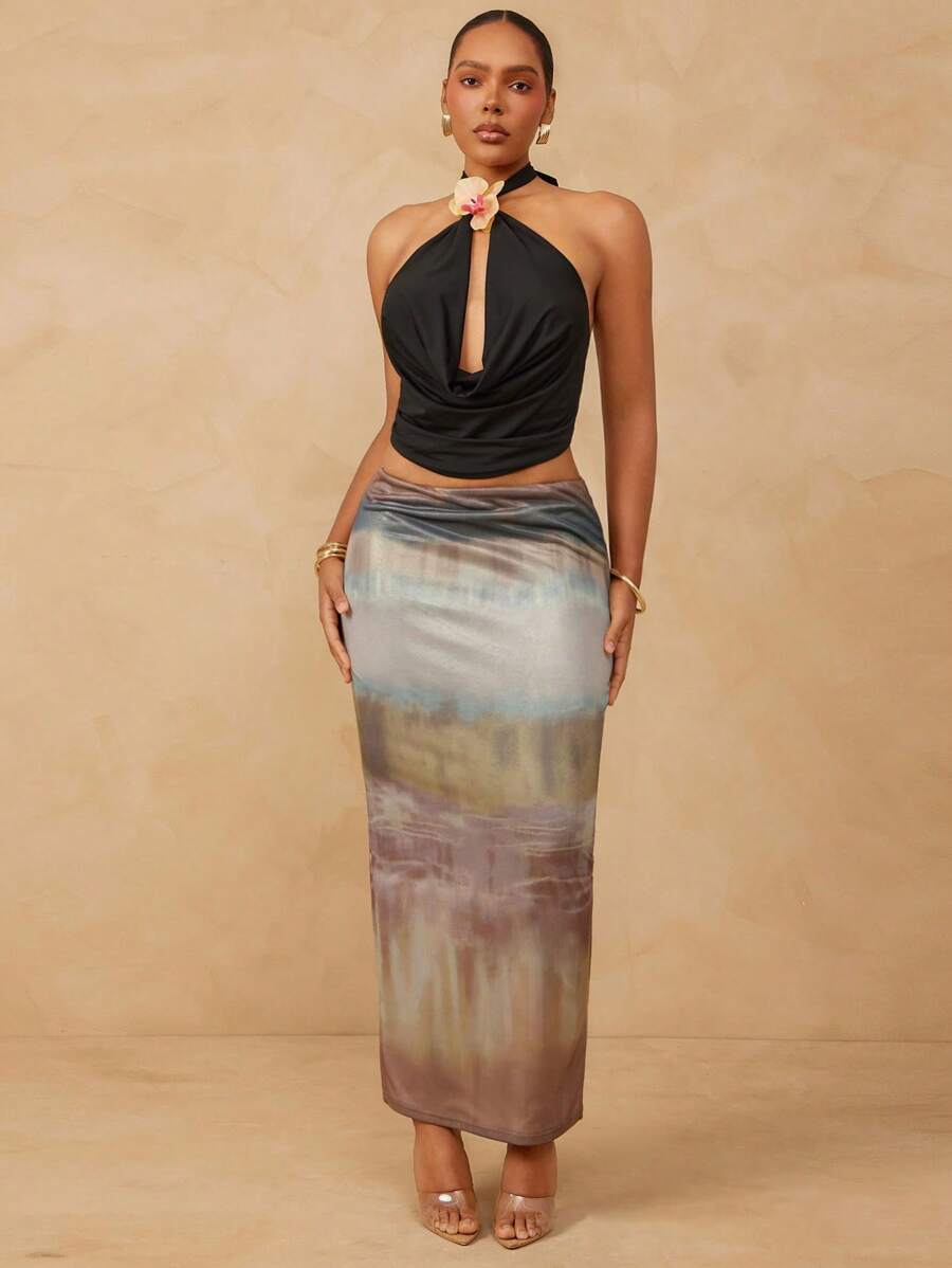 L'Amorae Saia Longa Elegante de Verão com Efeito Ombré para Mulheres Plus Size - Multicolorido - Visão 1