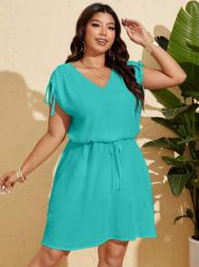 Swim Vcay Enterizo playero informal con bolsillo de cordón en la cintura en color liso para mujer talla grande - Verde - Ver 3