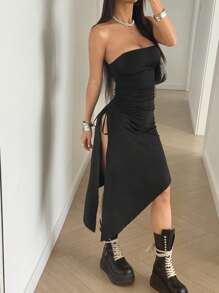 StreetHx Abito estivo da donna con orlo asimmetrico, in tinta unita, con laccio laterale e bandeau
