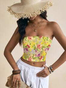 Pamile Women's Fitted Cropped Halter Top With Yellow Floral Print, For Summer Beach Vacation - Yellow - View 6