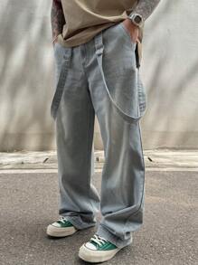 DAZY Pantalones vaqueros azules desgastados con tirantes para hombres de primavera