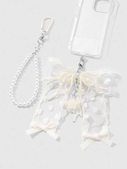 Kawaii 1 pièce Porte-téléphone, porte-clés, breloque de sac minimaliste et élégant fait main avec perles blanches, filet brodé et nœud en résine étoile. Convient pour un port quotidien pour femmes, cadeau