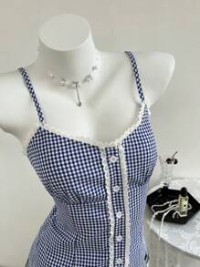 Elamini 女士夏季休闲格子蕾丝花边吊带背心