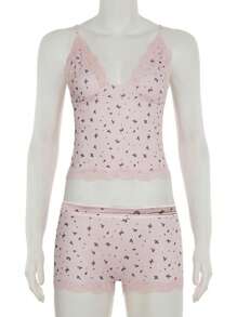 INAWLY Solva Set de 2 piezas para mujer con top de tirantes con encaje y shorts a contraste con estampado floral diminuto