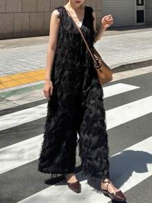 FRIFUL Women's Black V-Neck Sleeveless Jumpsuit With Tassels, Summer Outfit Women Rompers - Black - View 2