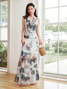 Celisse Damen Mesh- & Blume Muster Neckholder Rückenfrei Mini-Kleid