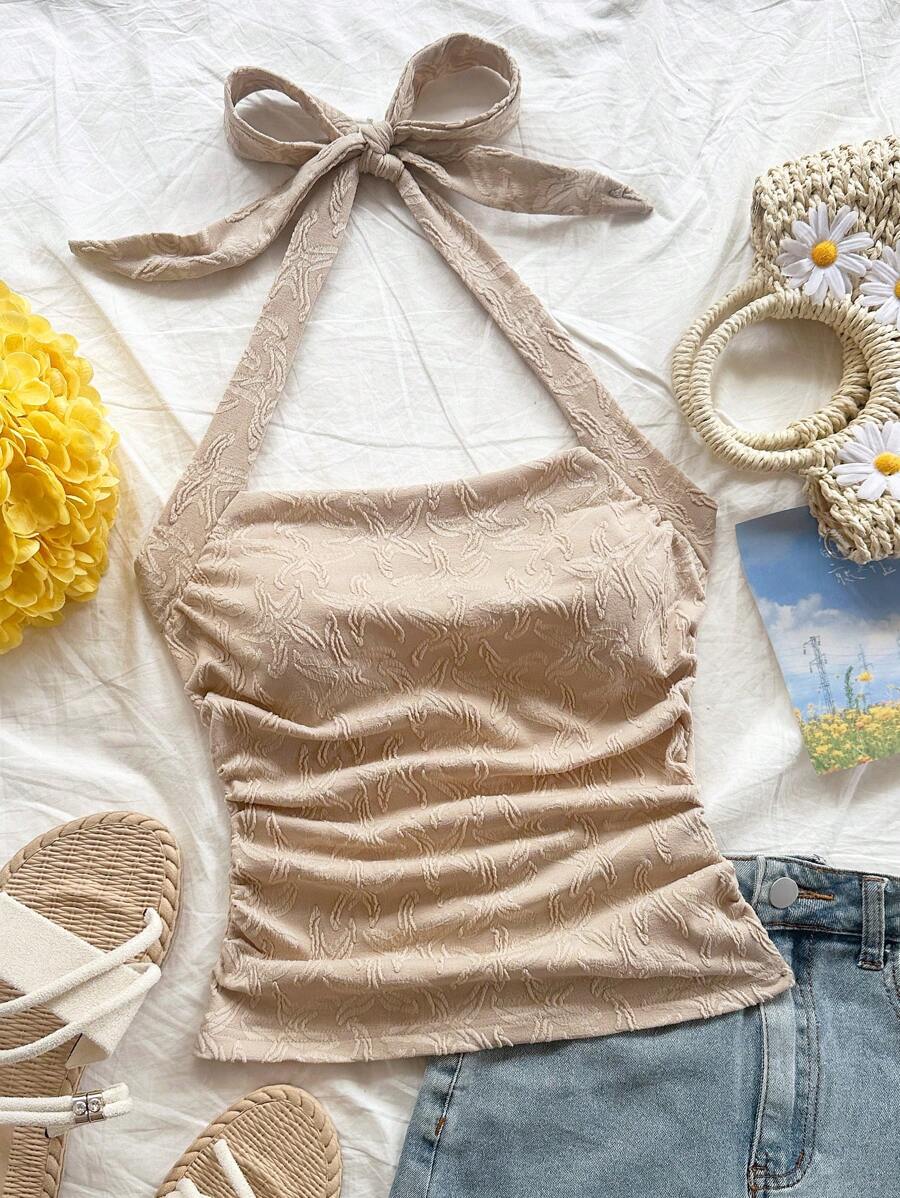 Soleia Women's Vacation Sea Star Print Halter Neck Pleated Backless Tank Top - Khaki - View 1