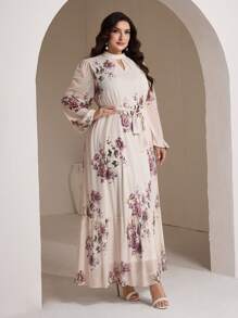 Veilorie Plus Size Elegant Floral Print Keyhole Neckline Lantern Sleeve Ruffle Hem Dress