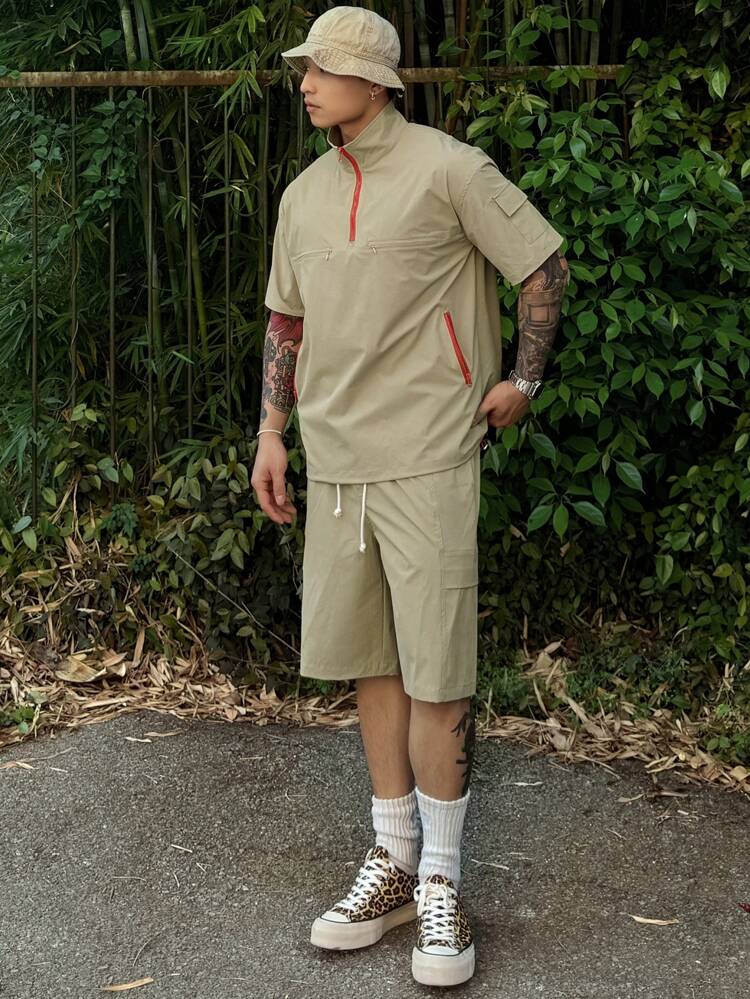 Conjunto de Camisa Polo de Zíper com Contraste Cáqui para Uso Externo no Verão para Homens