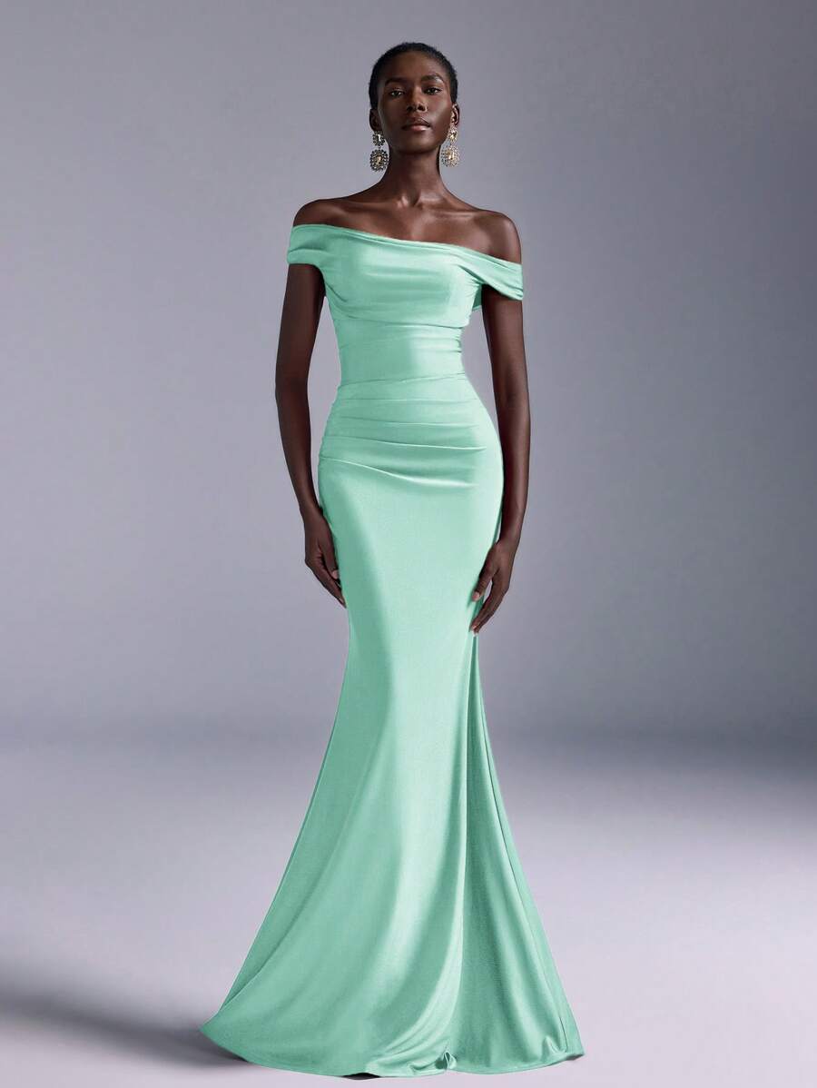 Elitara 优雅褶饰露肩美人鱼长裙，适合婚礼、活动、派对、蜜月、伴娘（成人） - 水鴨藍 - 查看 1