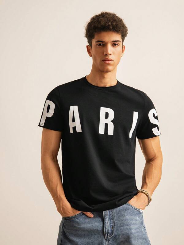 SWAVVY Men Cotton Letter Graphic Short Sleeve Tee, Fashion, Boyfriend Gift, For Going Out, Summer