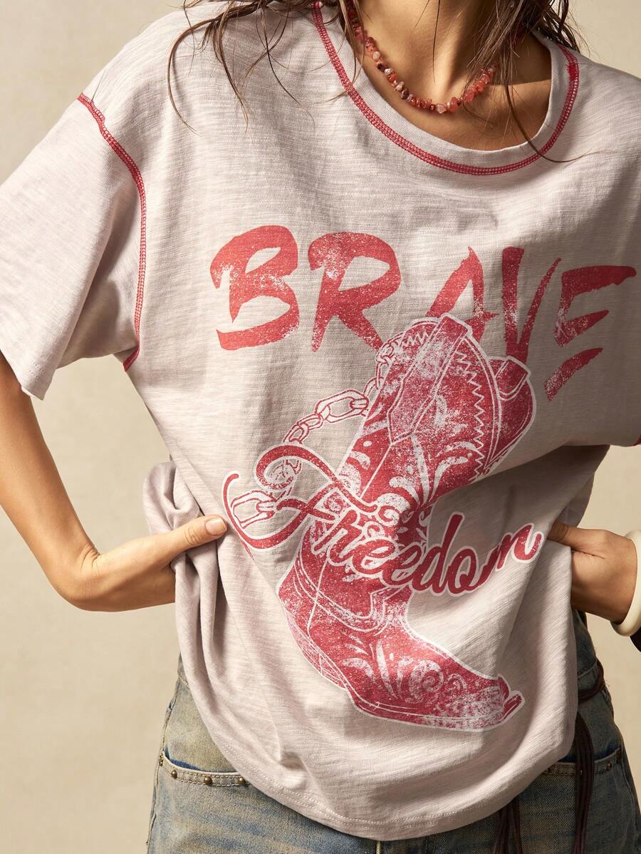 Bohemela 西部牛仔风格休闲纯色靴子印花圆领宽松女式短袖T恤