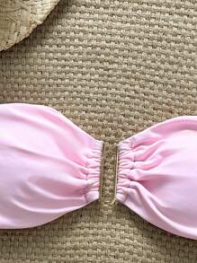 Swim Mod Women's Beach Summer Solid Color Bow Strapless Metal Decor Bikini Top