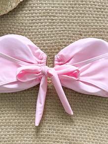 Swim Mod Women's Beach Summer Solid Color Bow Strapless Metal Decor Bikini Top