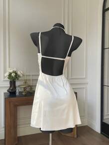 Comfortcana Apricot Satin Backless Summer Dress For Women, Solid Color Fashion, Party Dress