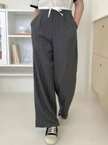 DAZY Pantalones largos de niña preadolescente/niñas preadolescentes con bloqueo de color de rayas tejidas, para primavera y verano - Gris - Ver 2