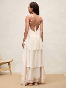 SHEIN Revavyn Damen Apricot Halter Rückenfreies Maxikleid mit Bindedetail und mehrlagigem Rüschensaum, fließender Sommerstil - Aprikosenfarben - Übersicht 3