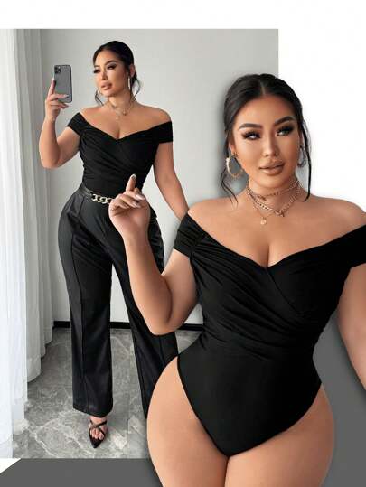 SHEIN SXY Body con hombros descubiertos y cruzado tableado para mujer de talla grande, adecuado para la calle, casual, sexy, viajes diarios, compras, citas. Fresco y cómodo de usar. Fácil de combinar, estiliza la figura, acentúa el Body, favorece la silueta.