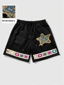 ROMWE MEN Prep Pantalones cortos deportivos con estampado floral, detalles de cinta y fuente con estrella de cinco puntas, estilo gótico, adecuado para uso diario en primavera/verano