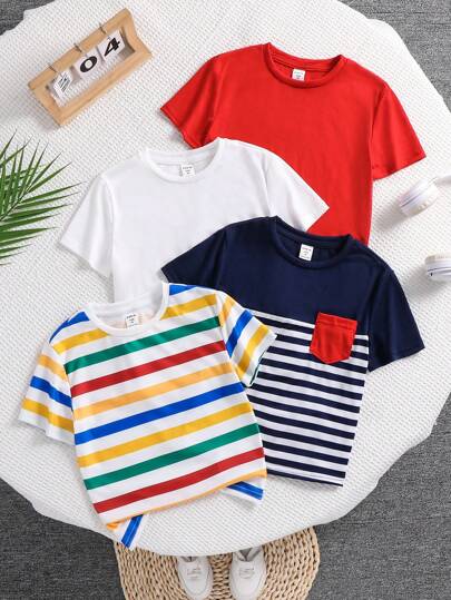 Buy 3 Get 1 Free, 4 Pcs/Set Young Boys & Girls Comfortable, Affordable, Casual Striped Short Sleeve Crew Neck T-Shirts With Pockets, Suitable For Daily Wear, Sports, Outings, School, Gatherings, Holidays, Photo Shoots, Back To School Season, Spring & Summer