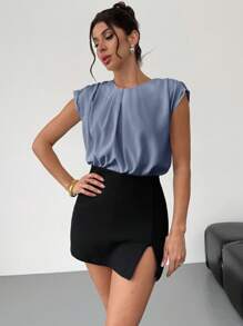 Firerie Áo cánh dơi xếp ly màu trơn cổ bẻ thanh lịch cho nữ, Áo cánh dơi màu trắng cổ bẻ xếp ly duyên dáng cho nữ, Áo mới mùa xuân/hè - Màu xanh bụi bặm - Xem 7