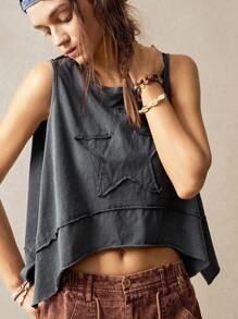 Bohemela Áo thun nữ cổ tròn không tay màu trơn đơn giản rộng rãi viền bất đối xứng thêu hình ngôi sao năm cánh - màu đen - Xem 4