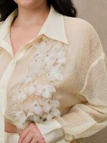 Anewsta Women's Elegant Vacation Micro-Sheer Doted Floral Diamante Shirt Top, Spring/Summer, Suitable For Festival, Graduation - Apricot - View 3