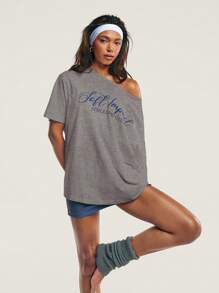 Athîral Women Letter Print Asymmetric Neck Short Sleeve Loose Casual T-Shirt