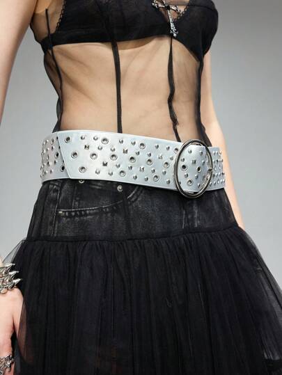Grunge Punk 1 Piece Punk Style Geometric Pattern Studded Hollow Waist Belt, Y2K Retro Fashion Metallic Buckle Leather Belt, Unique Decoration Accessory