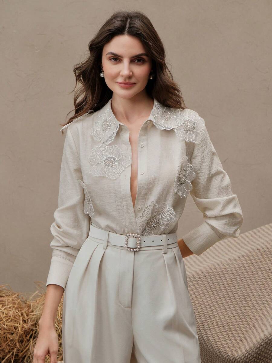Anewsta Women's Collar Long Sleeve Shirt With 3D Pearl Embroidery Elegant Transparent Modest Fashion, Spring For Women - Apricot - View 1