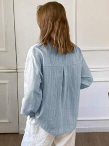 Livesso Women Oversized Striped Long Sleeve Shirt Linen,Fall Clothes - Blue - View 2
