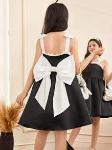 SHEIN Tween Girl Elegant Minimalist Splice Contrast Color Bow Decor Ruffle Hem Dress - Black - View 4