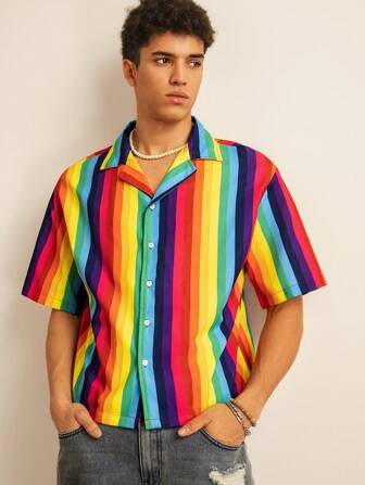 Manfinity Unisex Urlaubs-Stil Digital-Muster bunter gestreifter Hemd-Cardigan mit Umlegekragen und Kurzarm für Herren