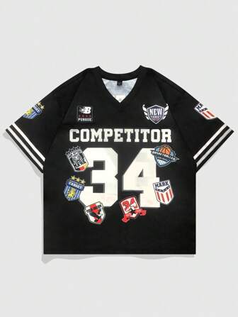 Prep Camiseta de manga corta con estampado de letras y cuello en V para deportes para hombres