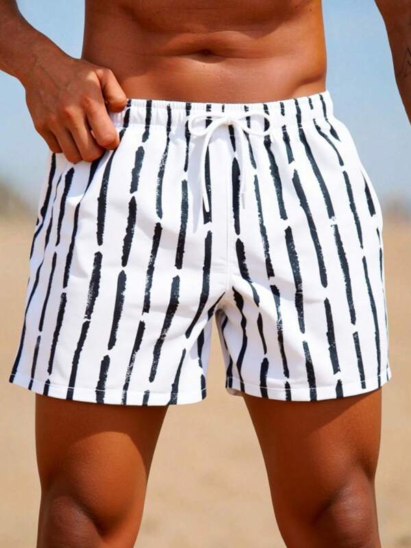 Manfinity VDAYZ Men's Black/White Striped Beach Shorts, Fashionable For Summer Men Vacation Men Shorts Vacation Men Beach Shorts Men Summer Men Shorts Beach Men Shorts Beach Shorts For Men Swim Trunks Men's Beach Wear, Hawaiian