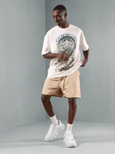 SUMWON Conjunto informal de streetwear de verano, camiseta estampada + pantalones cortos de tiro bajo, conjunto de dos piezas de ropa de descanso, coordinado atlético y urbano de moda relajada