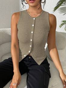 Chiquease Women's Casual Ribbed Tight-Fitting Crop Top With Side Slit