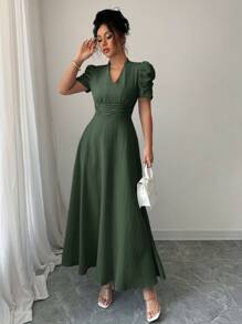 Selianne 女式泡泡袖收腰连衣裙 女式长款服装 - 墨綠色 - 查看 5