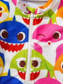 BABY SHARK X SHEIN Traje de baño de una sola pieza con cremallera, manga larga y volantes, con estampado de familia de tiburones coloridos, para niñas jóvenes en verano - Multicolor - Ver 3
