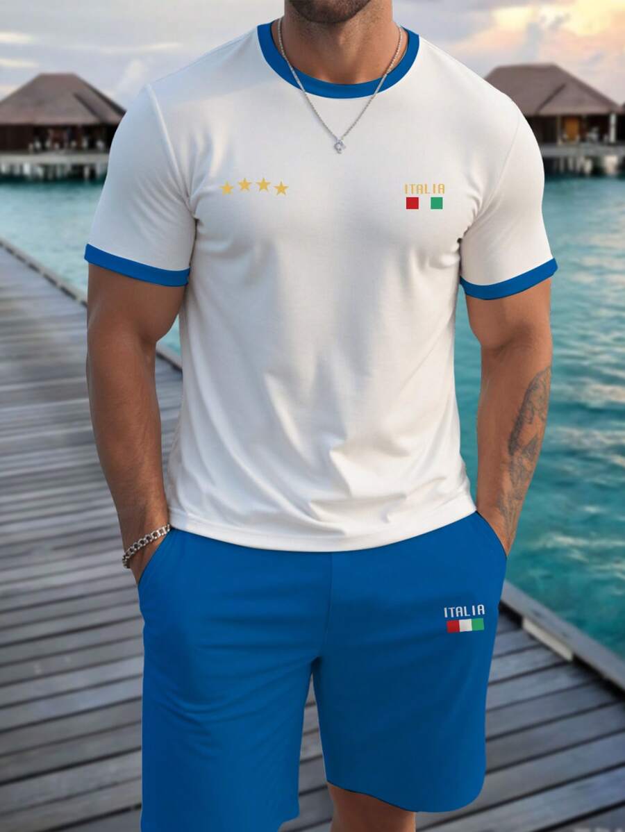 Manfinity RSRT Men's Minimalist Italian Star Print Casual Vacation T-Shirt And Shorts Set - Multicolor - View 1