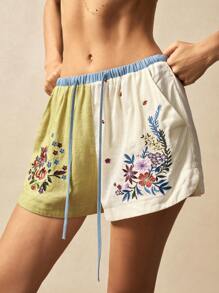 Bohemela 波西米亚风格宽松女式梭织短裤，带刺绣拼色图案，休闲度假装 - 薄荷綠 - 查看 5