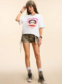 Paul Frank X SHEIN Camiseta de mujer de manga corta y cuello redondo con estampado de mono, casual de verano - Blanco - Ver 7