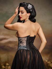 PinupGlam Cinturón de corsé de satén con cordón, encaje transparente y floral en estilo retro palaciego, color negro, para mujer