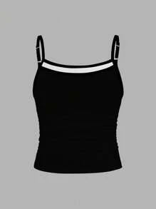 Tween Girls' Slim Fit Casual Beachwear Tank Top With Hibiscus & Zinnia Floral Prints, Black Sporty Camisole Camisole Basics #Coconutgirl