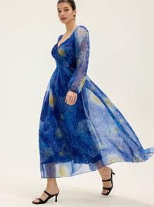 Aveloria 欧根纱星夜印花甜心领抹胸长袖束腰长款女士泡泡袖连衣裙优雅时尚春秋季款